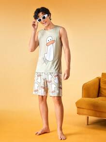 Notgurli Męski komplet piżamowy z nadrukiem kreskówkowym: top i szorty - Wielbłąd - Zobacz 5