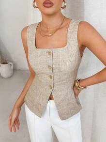 Lavishia Apricot Linen-Like Sleeveless Fitted Blouse, Suitable For Daily Commute And Work, Summer Business Women Attire Business Casual Woman Summer Outfits For Women Business Casual Woman Work Clothes Women Teacher Outfits For Women Work Outfits For Women  Teacher Outfits For Women Office Outfits For Women Work Clothes Women Business Casual Woman Classy Top Womens Sleeveless Top Button Down Vest