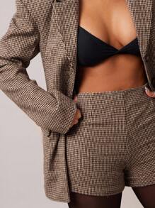 Radiana Women's Retro Chic Commuter Brown Plaid Wool Suit Set, Includes Fitted Blazer Jacket + Low-Waist Shorts (With Shoulder Pads), 2pcs In Fall/Winter - Brown - View 8