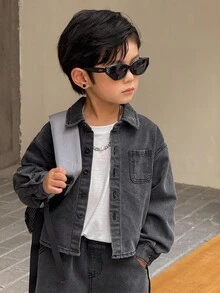 SHEIN 2件套小男孩灰色牛仔翻领长袖衬衫和宽松长裤套装