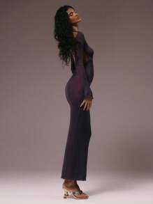 MUSERA Sheer Slash Neck Extreme Open Back Sequin Knit Fitted Long Sleeve Maxi Fall Winter Autumn Summer Vacation Holiday Night Out Date Night Wedding Guest Birthday Club Sexy Brunch Going Out Cruise Party Elegant Ibiza Occasion Girly Cute - Purple - View 2