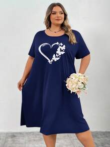 SHEIN CURVE+ Curve Plus 红色心形印花长裙，情人节/2026/新年 - 藏蓝色 - 查看 3