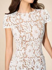 Amorya 女士蕾丝与花卉不对称下摆浪漫短袖连衣裙 女士服装 返校节音乐会服装 女士返校节服装 女士办公室服装 教师服装 女士夜间外出服装 女士教堂服装 女士早午餐服装 女士生日礼服 女士婚礼宾客礼服，白色连衣裙 - 玫紅色 - 查看 6