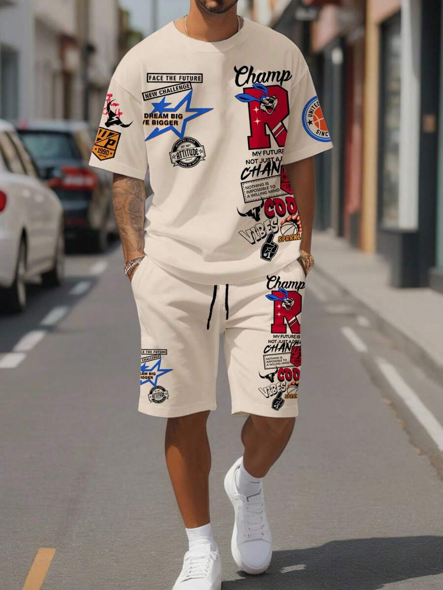 Manfinity Homme 男士休闲街头标语印花落肩宽松 T 恤和抽绳腰侧袋短裤套装，夏季舒适服装
