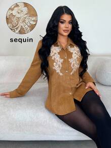 SHEIN SXY Kurtka casualowa vintage z haftem kwiatowym i cekinami - Brązowy - Zobacz 3