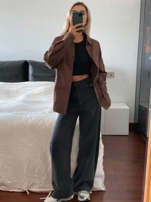 DAZY Women's Solid Color Loose Split Button Waist Long Sleeve Casual Elegant Blouse, Spring/Autumn,Fall Women Clothes - Coffee Brown - View 4