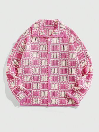 Prep Suéter de manga larga de corte holgado con estampado de cuadros jacquard para hombre