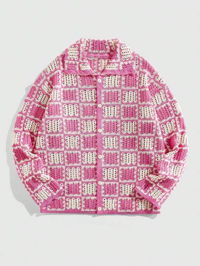 Prep Men's Plaid Jacquard Loose Fit Long Sleeve Sweater