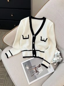 Sparklyn 青少年女孩返校撞色饰边 V 领长袖开衫，经典优雅甜美百搭柔软纱线舒适保暖，秋冬 - 白色 - 查看 7