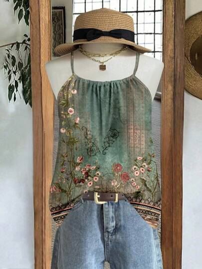 EMERY ROSE Camiseta sin mangas de mujer talla grande, estilo bohemio de verano, con estampado floral elegante y retro, para el Día de la Madre, de estilo europeo y apropiado para ferias renacentistas de verano