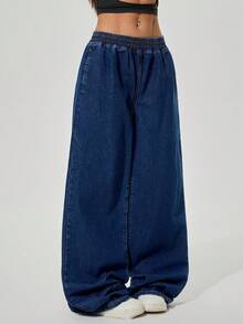 SHEIN PETITE 女士松紧腰宽松直筒休闲牛仔裤，夏季 - 深色水洗藍 - 查看 6