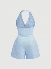 SHEIN MOD 加大码粗花呢 V 领露背纯色珍珠纽扣连体裤，蓝白连体衣 - 藍白色 - 查看 2