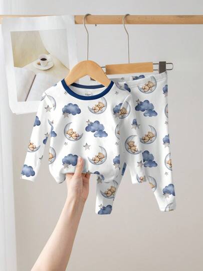 SHEIN Baby Boy Cozy Moon, Star, Bear & Cloud Print Casual Minimalist Comfortable Snug Fit Round Neck Long Sleeve Pants Homewear, Suitable For Autumn/Winter