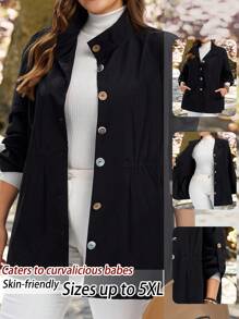 EMERY ROSE Plus Size Women Solid Color Single Breasted Casual Loose Lightweight Jacket, Button Up Jacket Winter,Back To School,Teacher,Country Autumn - Black - View 1