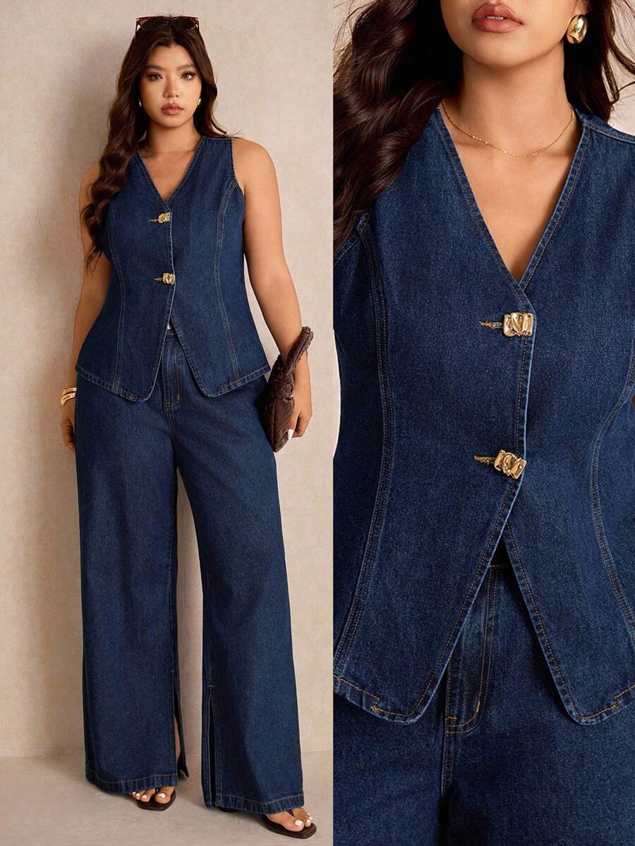 Elaquor Conjunto de duas peças Denim azul-marinho plus size para mulheres, colete sem mangas com botões dourados, calça de cintura alta e perna larga, estilo "Old Money", roupas de outono para mulheres, looks casuais para o trabalho
