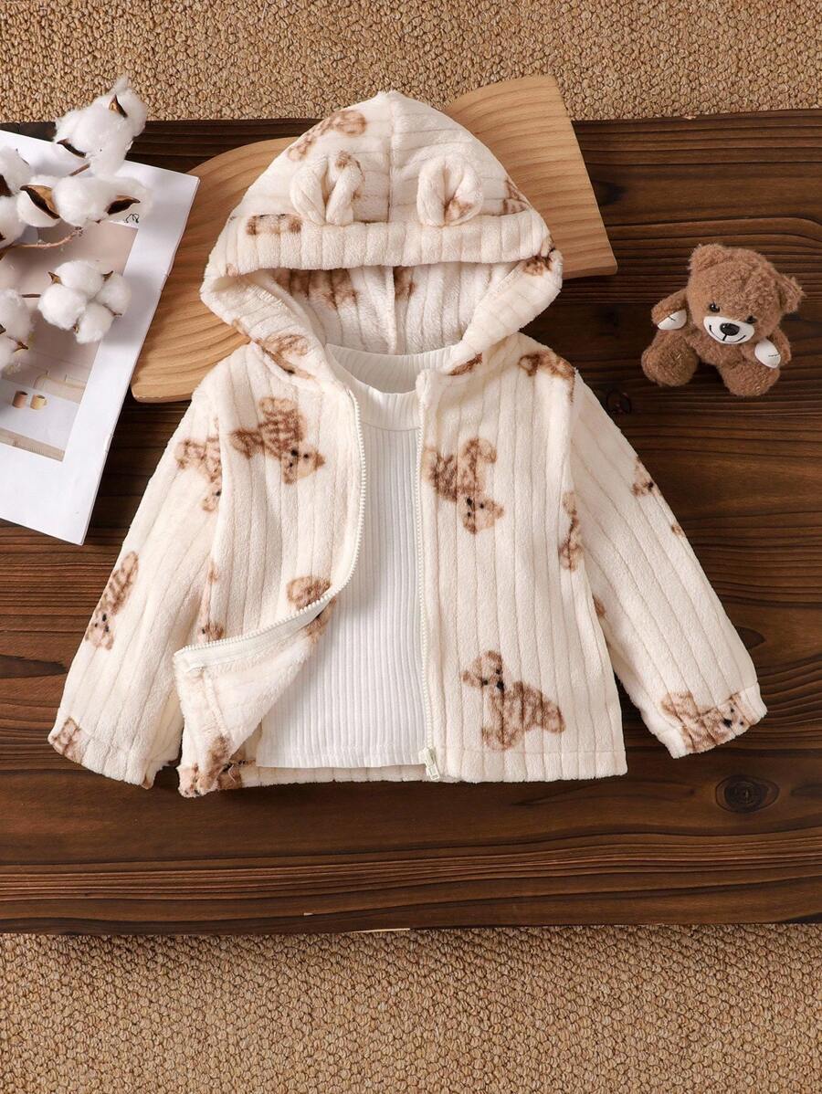 SHEIN 女童可爱兔耳和熊印花蓬松保暖夹克，秋冬时尚 - 彩色 - 查看 1