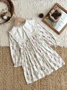 SHEIN Girls Tulip Print Dress, Countryside Style, Elegant & Fashionable, Versatile, Sweet, Long Sleeve, Suitable For Spring & Autumn Transition Season - Multicolor - View 8