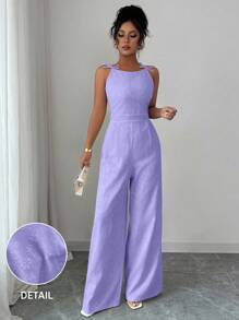 Elenzga 女士优雅连体裤，肩部蝴蝶结装饰，提花面料，收腰，阔腿，适合日常通勤 - 紫色 - 查看 6