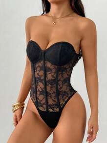 SHEIN PETITE 女士黑色蕾丝紧身衣：无肩带无袖针织透明花卉内衣上衣 - 黑色 - 查看 6