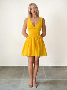 Sweetina Vestido mini de mujer amarillo con bordado, decoración de lazo, cuello en V, corte A, estilo pastoral elegante de verano - Amarillo - Ver 5