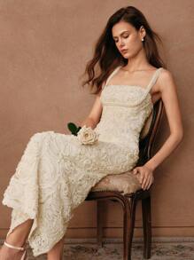 Anewsta Savoree 女士春夏优雅派对婚礼宾客礼服，杏色，浪漫纹理面料，3D花朵和珍珠装饰，收腰吊带连衣裙 - 杏色 - 查看 4