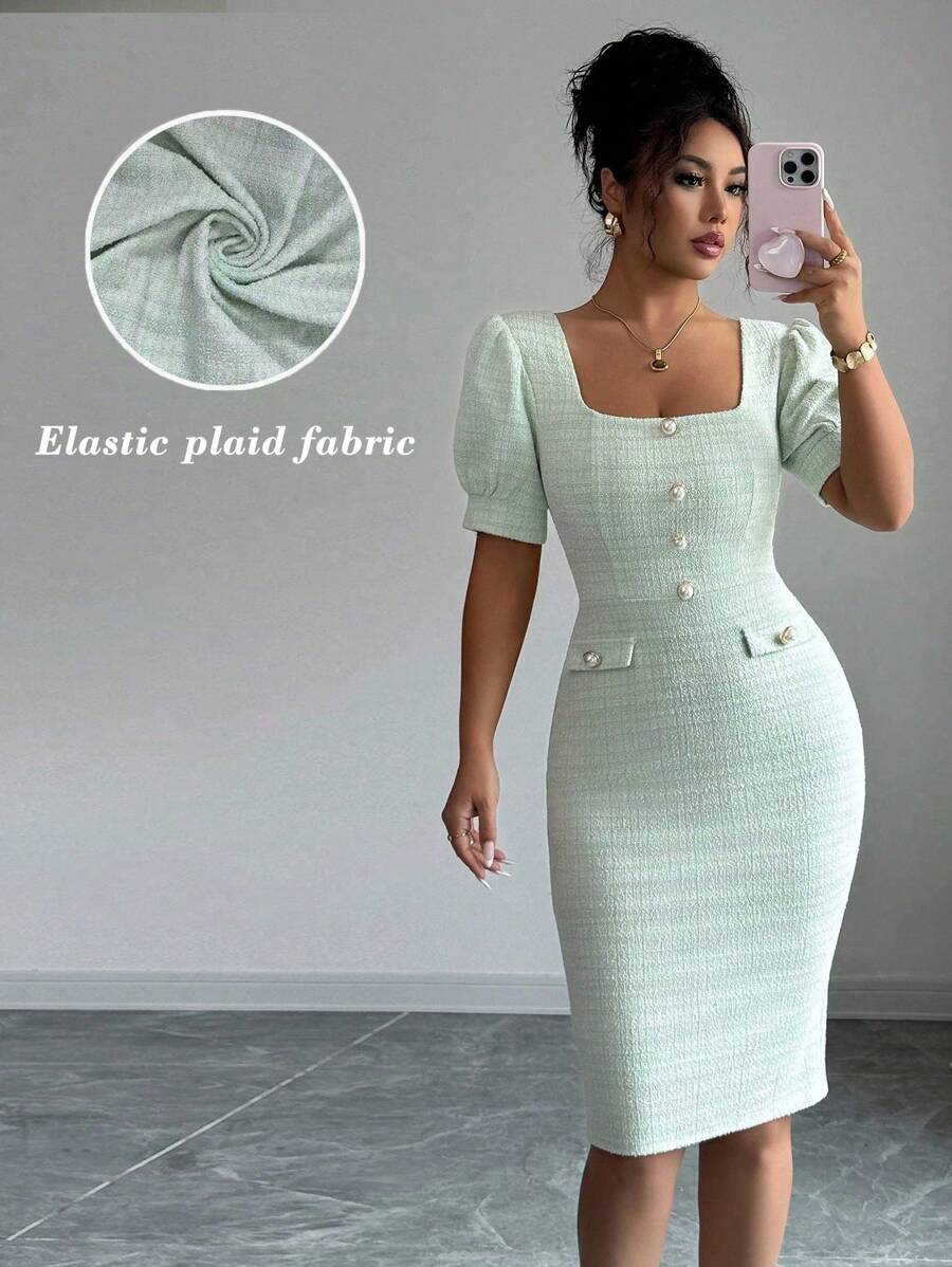 Selianne Bodycon-Kleid mit quadratischem Ausschnitt, Puffärmeln und Knopfverschluss