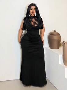 Maweii 2025 Damen Große Größen Elegantes, sexy Kleid mit tiefem Ausschnitt, ärmellos, einfarbig, figurbetonter Fischschwanz-Schnitt, vielseitig für Party, Date, Anlässe - Schwarz - Übersicht 4