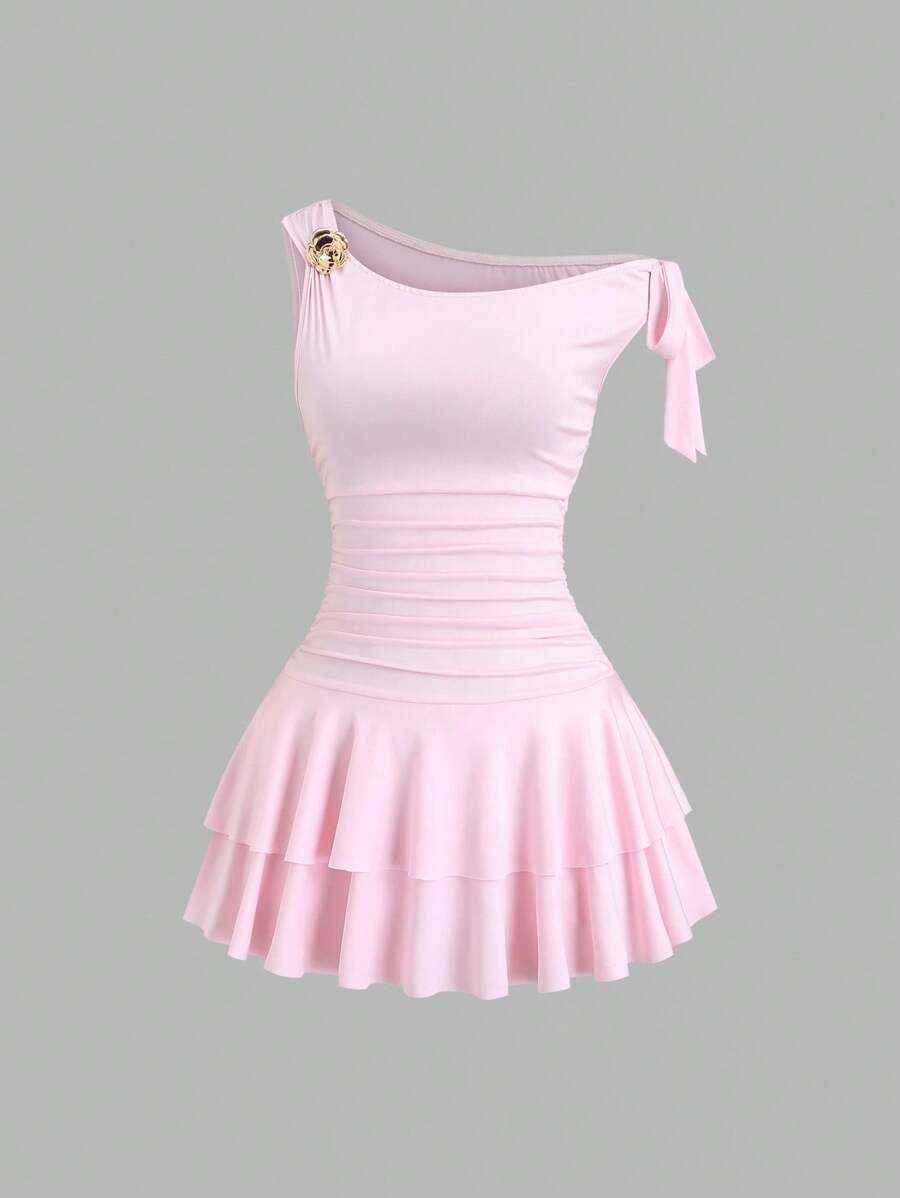 Sweetra 女式夏季简约金属装饰不对称肩部荷叶边下摆连衣裙