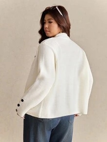 Elaquor 秋季大码女式休闲日常简约纯色单排扣开衫 - 杏色 - 查看 6