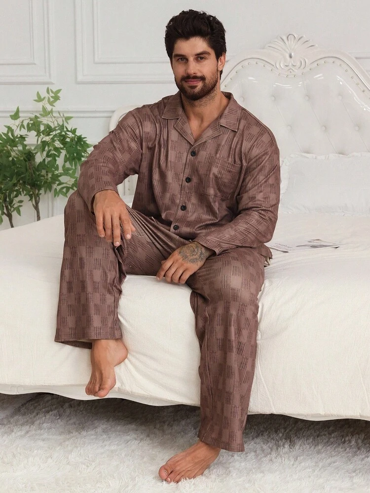 Plaid Brown Shirt Paired With Men's Casual Loungewear Set, Autumn Pajama