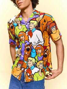 SCOOBY-DOO X SHEIN Men's Cartoon Pattern Front Button Short Sleeve Shirt, Summer - Multicolor - View 1