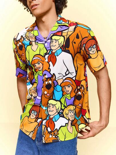 SCOOBY-DOO X SHEIN Men's Cartoon Pattern Front Button Short Sleeve Shirt, Summer