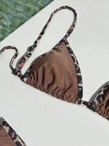 2 件套印花随机吊带工字背豹纹性感细肩带比基尼套装，带侧系带下装夏季 - 咖啡棕 - 查看 3