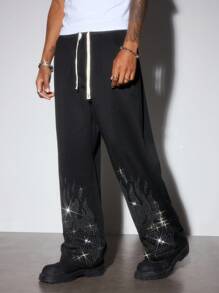 ROMWE MEN Street Life Pantalon de survêtement à jambe droite pour hommes avec un design effet flamme et strass dans un style américain de rue - Noir - Voir 1