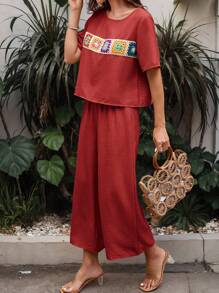 SHEIN LUNE 2pcs Women Bohemian Style Patchwork Short Sleeve Set - Redwood - View 4