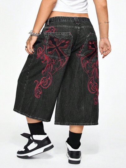 Grunge Punk Vintage Straßen-Stil Loose Fit Denim Caprihose mit Blumenstickerei Muster und Rückentaschen für Große Größen, Taillenhöhe niedrig