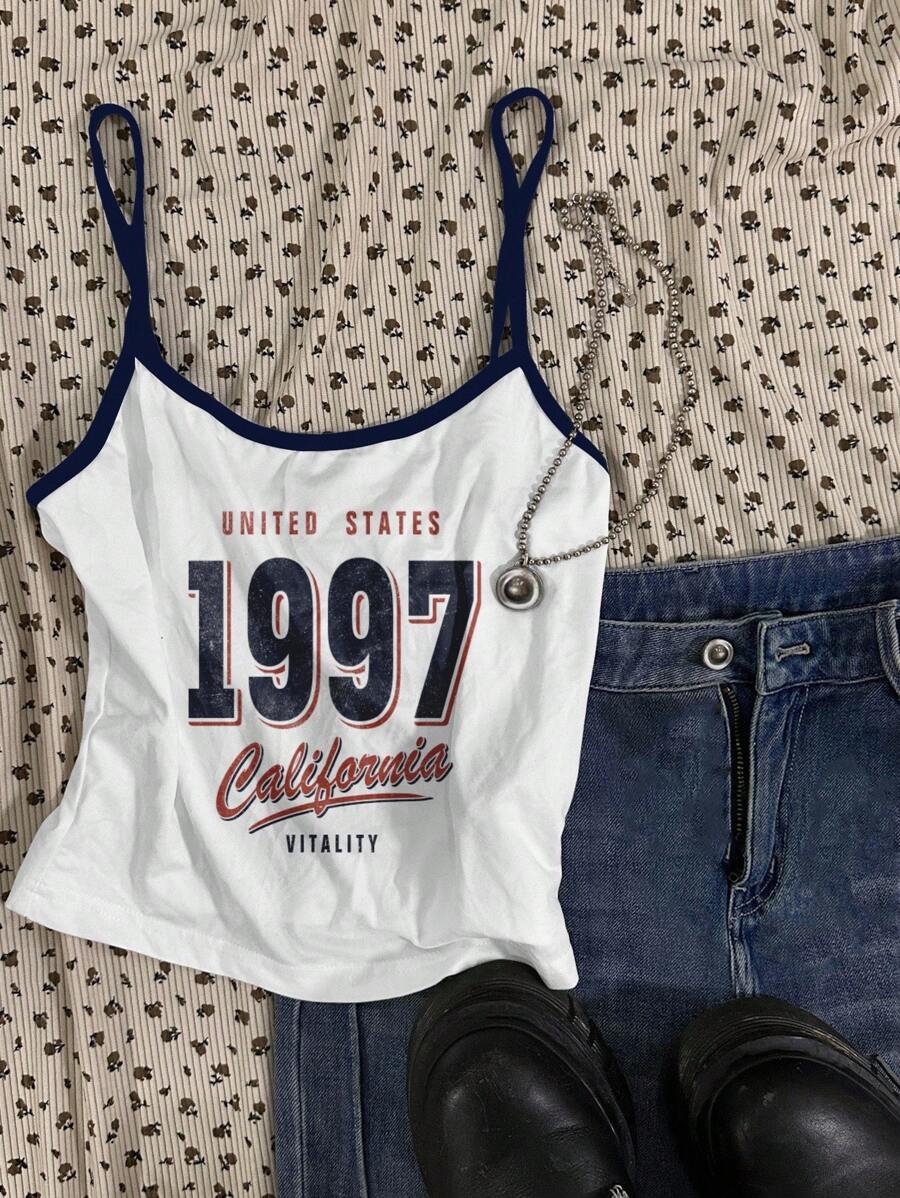 Attitoon Áo hai dây ôm sát cổ điển thường ngày cho nữ, phù hợp cho mùa hè, cổ điển, phong cách đại học, họa tiết năm 1997, phong cách đại học Mỹ - Nhiều màu - Xem 1