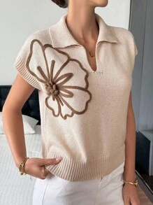 SHEIN Frenchy 女士撞色刺绣休闲百搭短袖针织上衣 - 杏色 - 查看 5