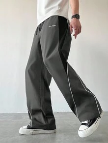 Manfinity EMRG Men's Casual Color Block Drawstring Straight Leg Pants, Loose Fit Long Patchwork Black Straight Leg Sweatpants, Fall Football - Dark Grey - View 6