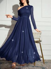 Modelyn 女士时尚优雅浪漫不对称领长袖连衣裙 - 藏蓝色 - 查看 3