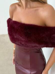 Aloruh Women's Ankara Red PU Patchwork Faux Fur Off Shoulder Fashionable Dress,Burgundy Short Dress,Wine Red Mini Dress,Halloween Costumes,Old Money Style,Christmas Dress,New Year Dress,Elegant Party Dress,Business Casual Woman,Fall Dresses For Women,Autumn Dress