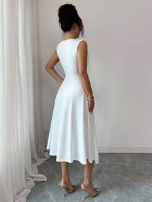 Rafferiza Women's Solid Color Faux Pearl Button Design Sleeveless Elegant Dress - White - View 3