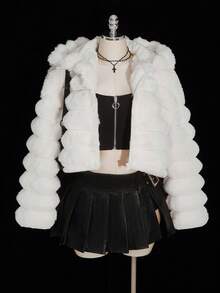 SHEIN ICON 加大码女式 Y2k 派对外出连帽拉链短款人造毛皮冬季女式夹克，时尚设计 - 白色 - 查看 3