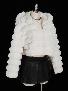 SHEIN ICON 加大码女式 Y2k 派对外出连帽拉链短款人造毛皮冬季女式夹克，时尚设计 - 白色 - 查看 4