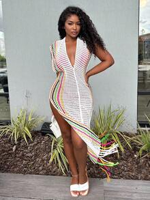 Alexandranx Halter Neck Knit See-Through Dress Maxi Women Outfit - White - View 5