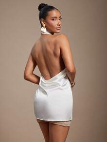 Hauture Women's Sexy Summer Vcay With Satin Front Cross With Low Back Halter Top - Apricot - View 1