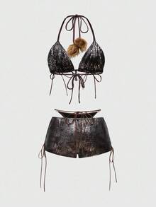 ROMWE Hippie Y2K Sexy Lace-Up Faux Fur Bikini Set For Women - Pink - View 3