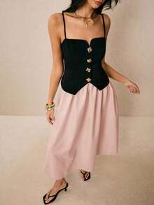 Poéselle Vestido de mujer de largo medio con correa de color de contraste, de estilo casual y elegante - Rosa - Ver 4
