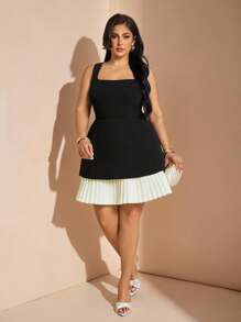 SHEIN BAE Váy xếp ly ren hoa lãng mạn cỡ lớn cho nữ màu tương phản, phù hợp cho trang phục thường ngày mùa xuân, mùa hè, mùa thu, trang phục hẹn hò - màu đen - Xem 4