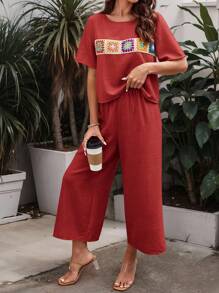 SHEIN LUNE 2pcs Women Bohemian Style Patchwork Short Sleeve Set - Redwood - View 5